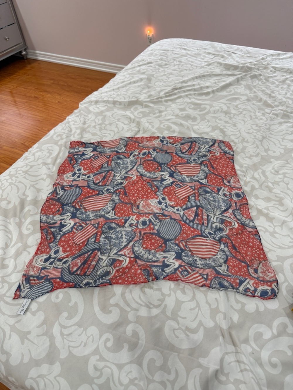 Dior Red and Navy Patterned Silk Scarf Vintage